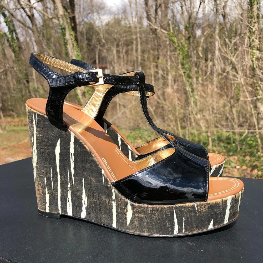 KATE SPADE New York Black Patent Leather Cork Wedge Platform Size 6.5‎ M (b10)